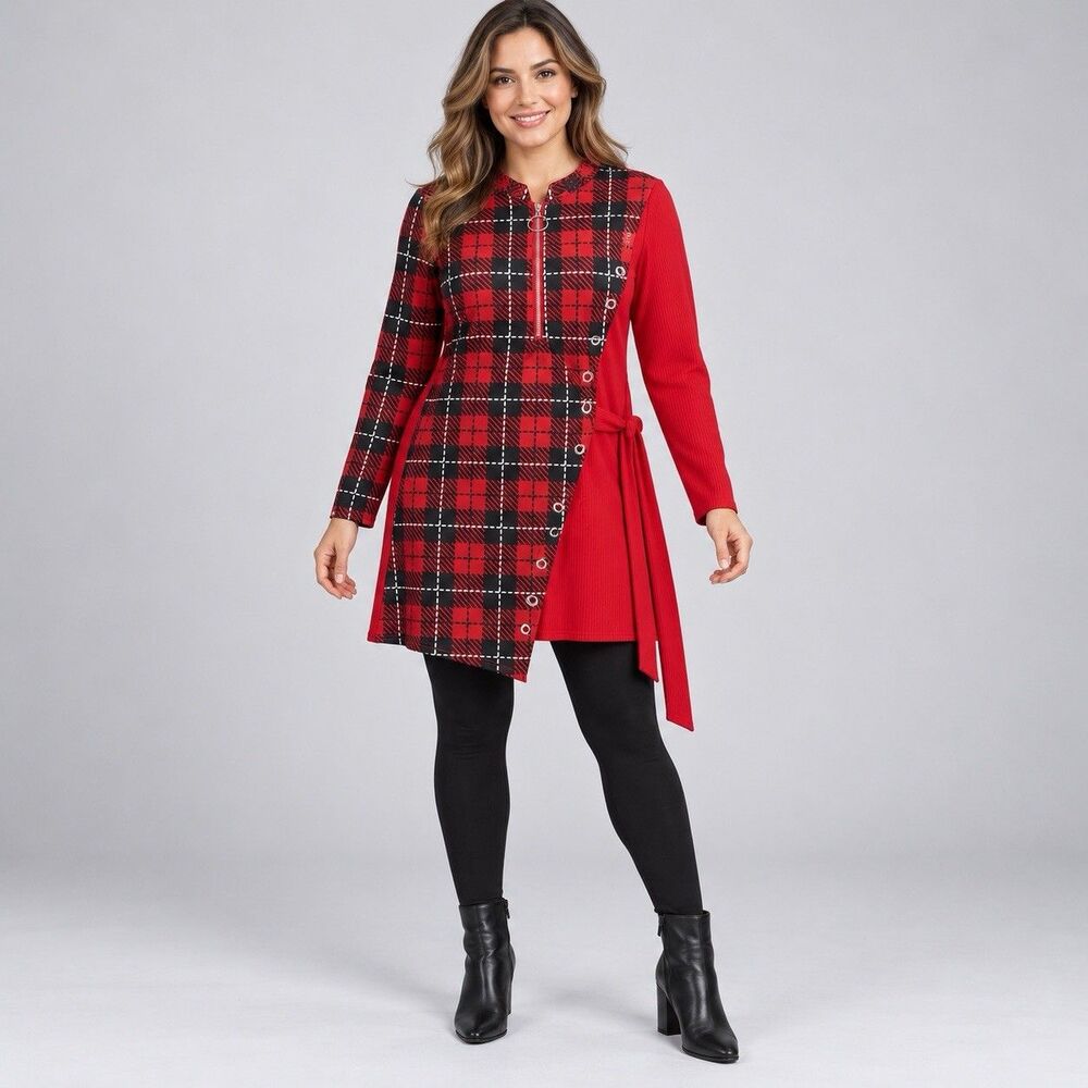 Women’s XXL Red Black White Plaid Mock Neck Long Sleeve A-Line Knee Zip Lined